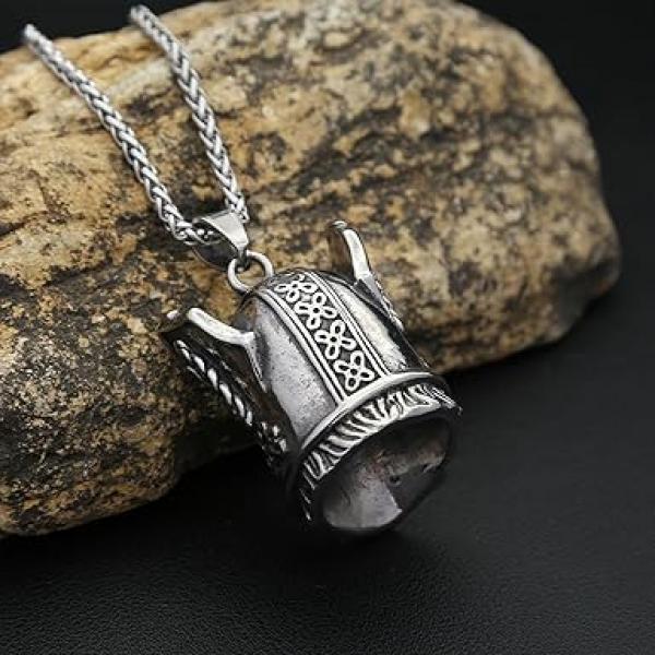 Vintage Edelstahl-Anhänger mit einäugigem Wikinger-Krieger, Glocke, Punk-Halskette mit antikem Kriegerhelm, Amulett
